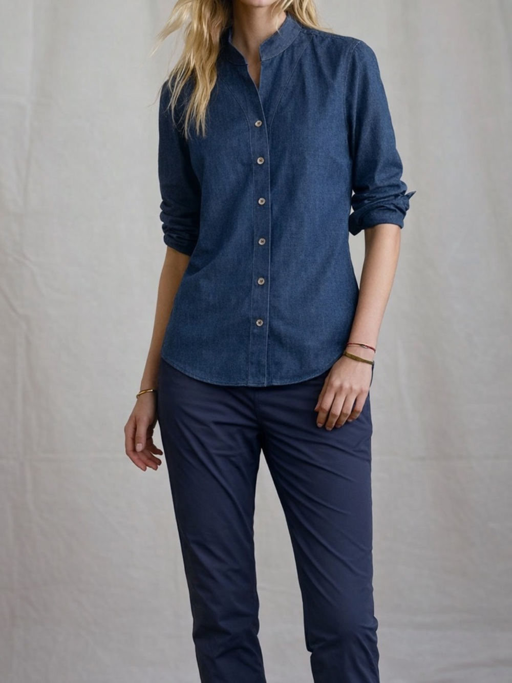 Orvis 100% Cotton Denim Chambray Button Front Blouse Size S